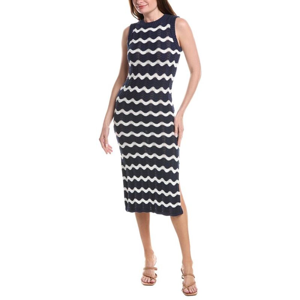 &Isla Womens  Freya Wave Pointelle Stripe Dress, Navy